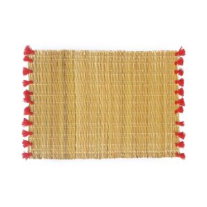 2 STRAW TABLE SETS AND RED POM POMS