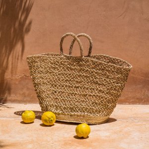 OPENWORK BASKET WITH PALM HANDLES